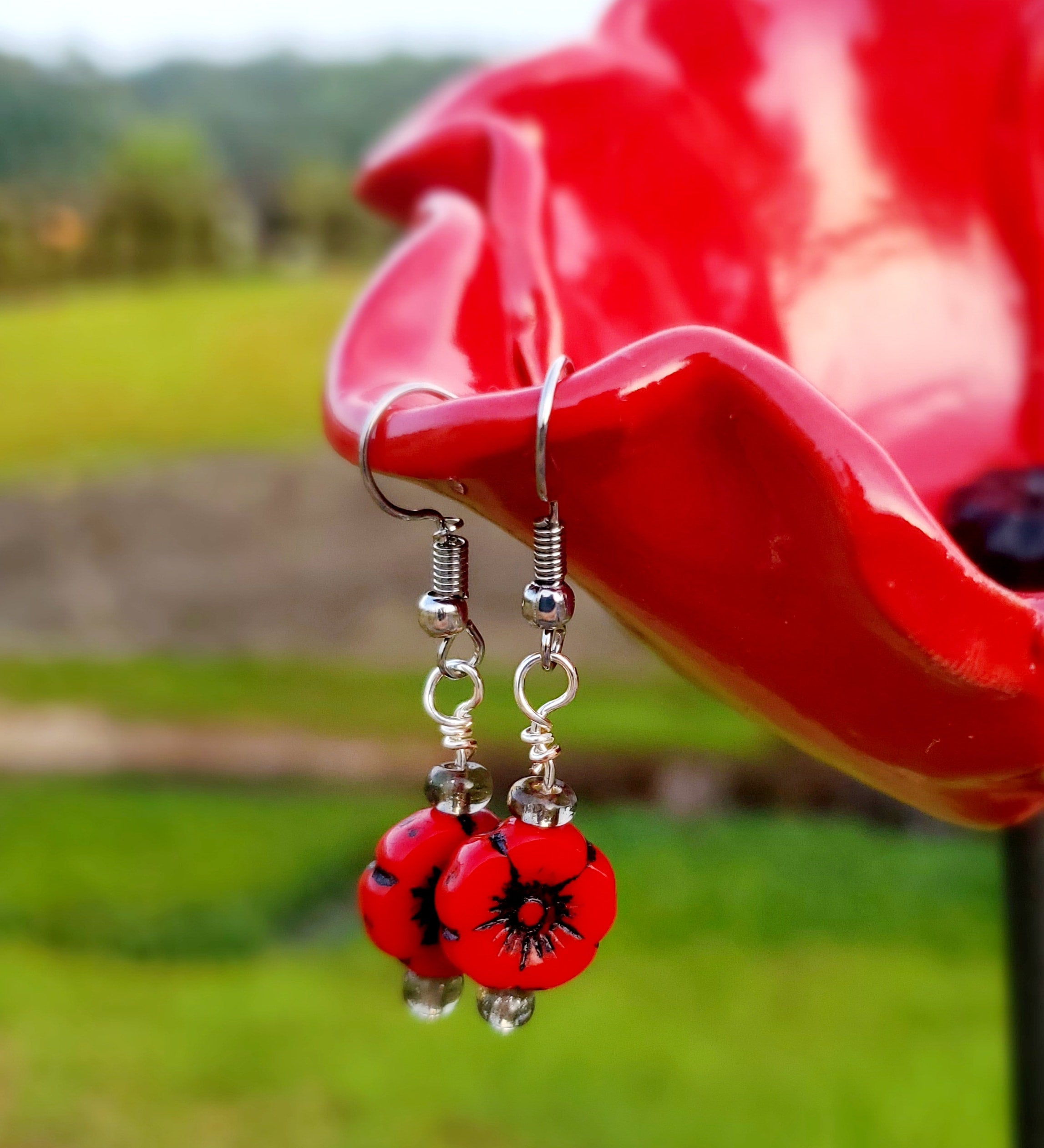 Red Poppy Stud Earrings | Red Poppy Clip On Earrings - Stranded Treasures